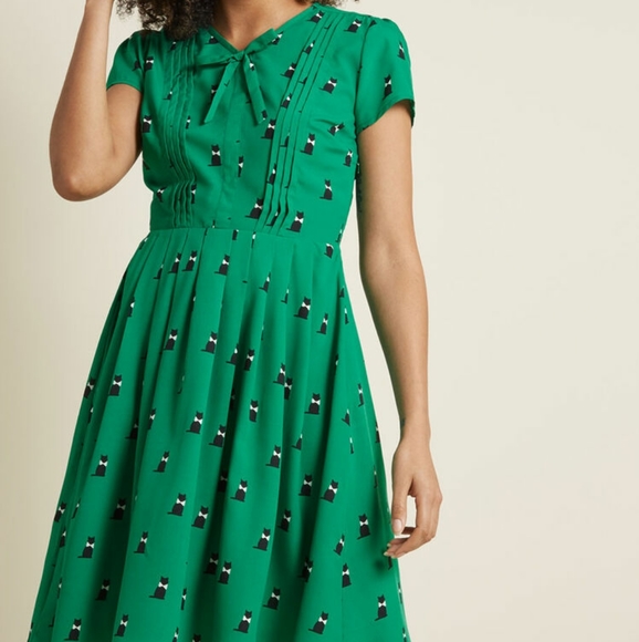 Modcloth Exploratory Style Cat Print A-Line Dress - Picture 2 of 12